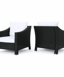 Promo ⭐ GDFStudio GDF Studio Dione Outdoor Black Wicker Club Chairs With White Cushions, Set Of 2 🥰