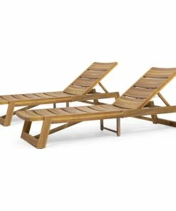 Hot Sale 🌟 GDFStudio Angela Outdoor Wood And Iron Chaise Lounges, Set Of 2, Teak Finish, Yellow 🔔