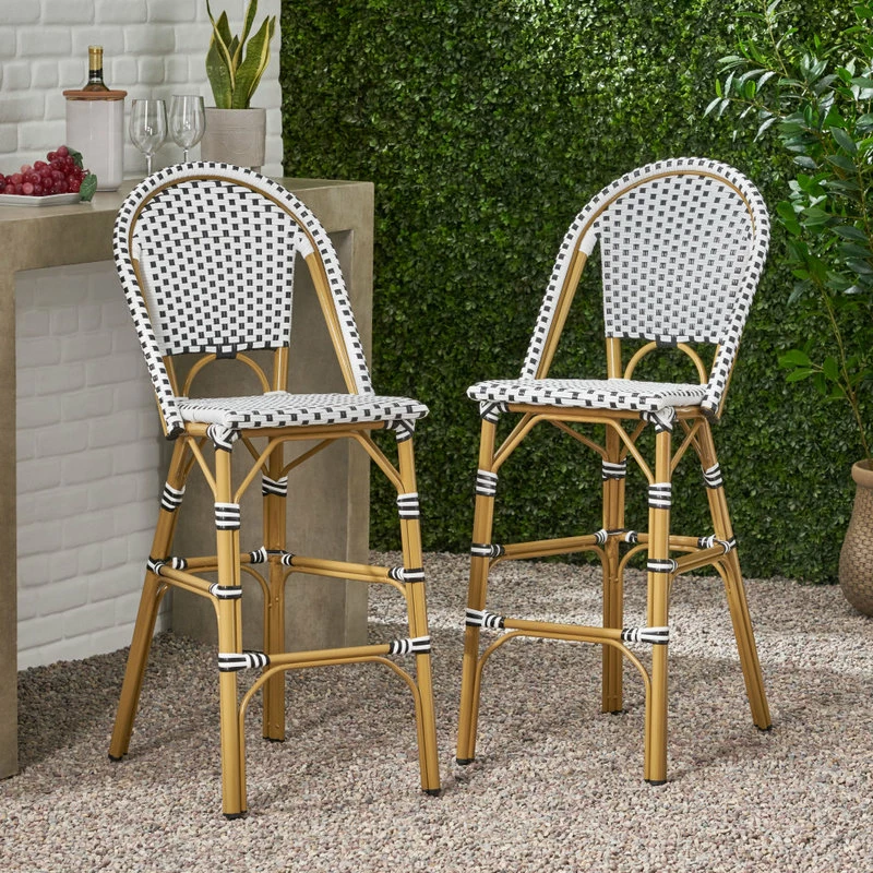 Promo ๐ฅฐ GDFStudio Grelton Outdoor Aluminum French Barstools, Set Of 2, Black/White/Bamboo ๐ฏ - Image 2