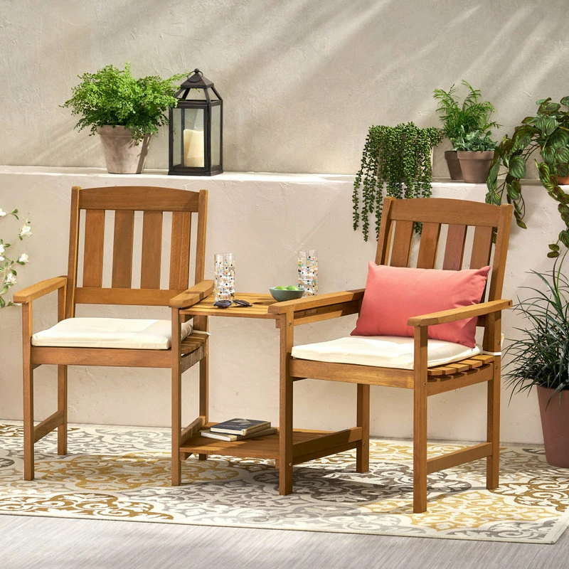 Cheapest ๐งจ GDFStudio GDF Studio Las Brisas Outdoor Wood Adjoining 2-Seater Chairs With Cushions ๐ - Image 2