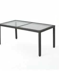 Best Pirce 🌟 GDFStudio GDF Studio San Simeon Outdoor Wicker Rectangular Dining Table With Glass Top, Gr 😀