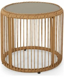 Coupon 👍 GDFStudio Bunny Outdoor Wicker Side Table With Tempered Glass Top, Light Brown ❤️