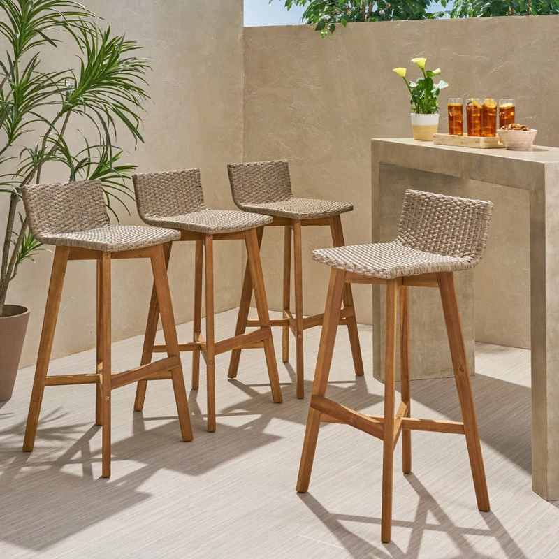 Coupon 🤩 GDFStudio Jessie Outdoor Wood And Wicker Barstool, Set Of 4, Light Brown, Teak Finish 🎁 - Image 2