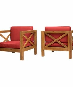 Wholesale 👏 GDFStudio Indira Outdoor Acacia Wood Club Chairs With Cushions, Set Of 2, Red ❤️