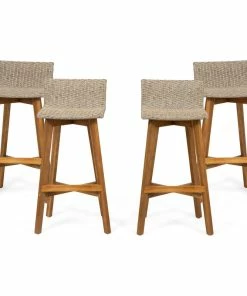 Coupon 🤩 GDFStudio Jessie Outdoor Wood And Wicker Barstool, Set Of 4, Light Brown, Teak Finish 🎁