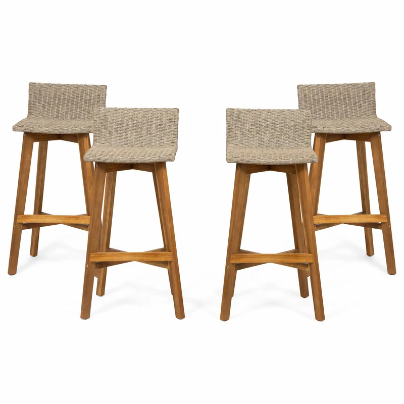 Coupon 🤩 GDFStudio Jessie Outdoor Wood And Wicker Barstool, Set Of 4, Light Brown, Teak Finish 🎁