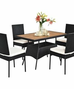 Coupon ✔️ Costway 5 PCS Patio Rattan Furniture Set Wood Top Table Cushioned Chairs Garden 👏
