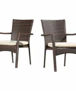 Discount 🔥 GDFStudio GDF Studio Melba Outdoor Wicker Dining Chairs With Beige Cushions, Set Of 2 😍