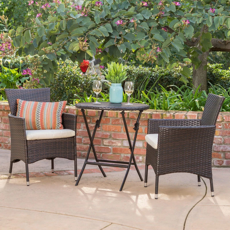 Best Sale 😍 GDFStudio GDF Studio 3-Piece Dorchester Outdoor Brown Wicker Bistro Set With Cushion ❤️ - Image 2