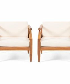 Discount 💯 GDFStudio Jossie Outdoor Acacia Wood Club Chair W/ Cushion,Set Of 2, Teak Finish And Cream 🥰