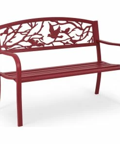 Discount 🥰 Costway Patio Garden Bench Yard Outdoor Furniture Cast Iron Porch Chair Red 🧨