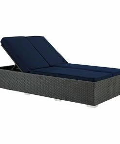 Discount 🤩 LexMod Sojourn Outdoor Wicker Rattan Sunbrella Double Chaise, Chocolate Navy 🥰