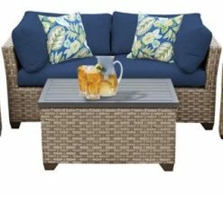 Best deal 🔔 TKClassics TK Classics Monterey 5 Piece Wicker Sofa Set With Navy Cushions 🛒